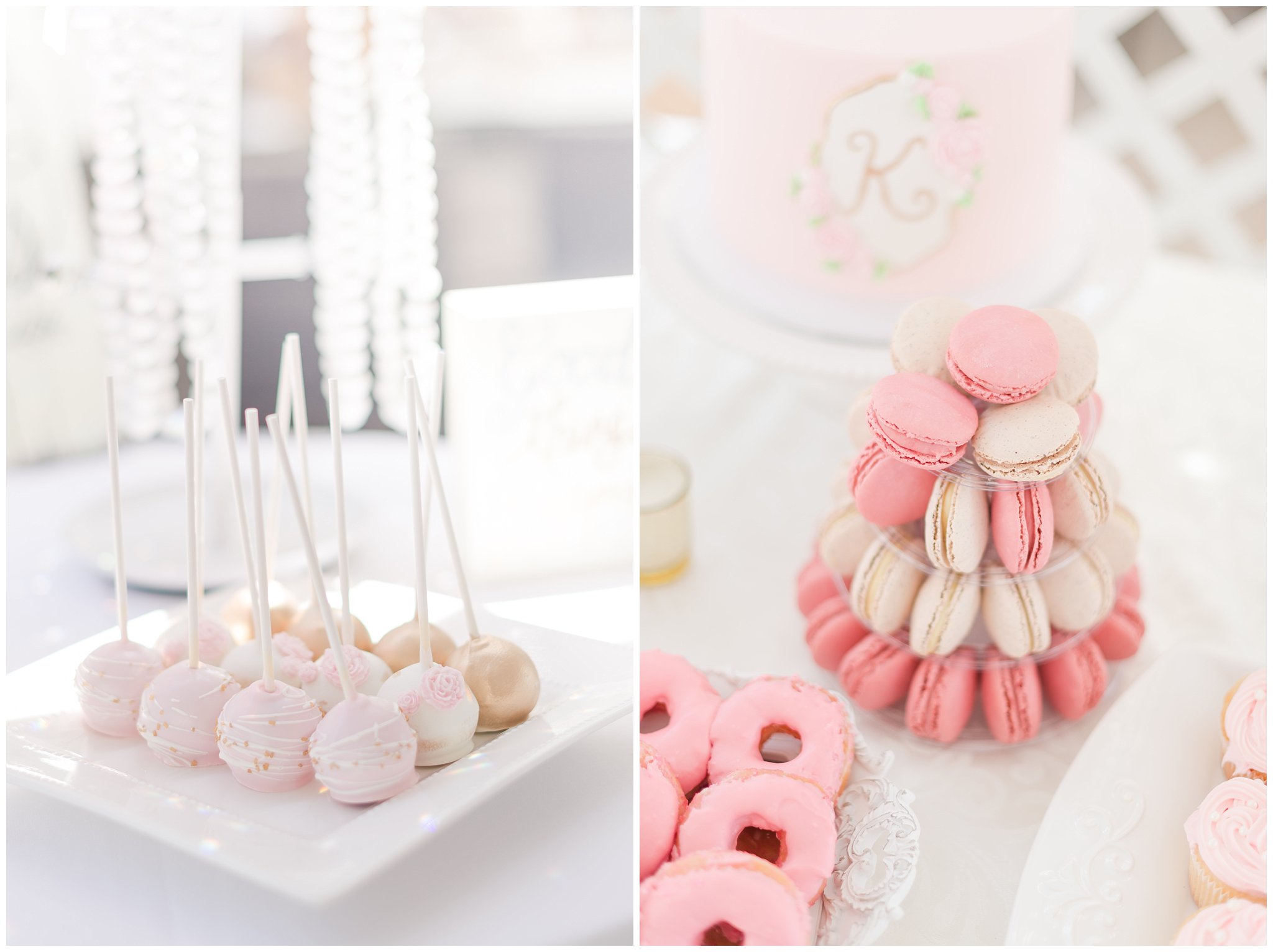 pink and white macarons and cake pops