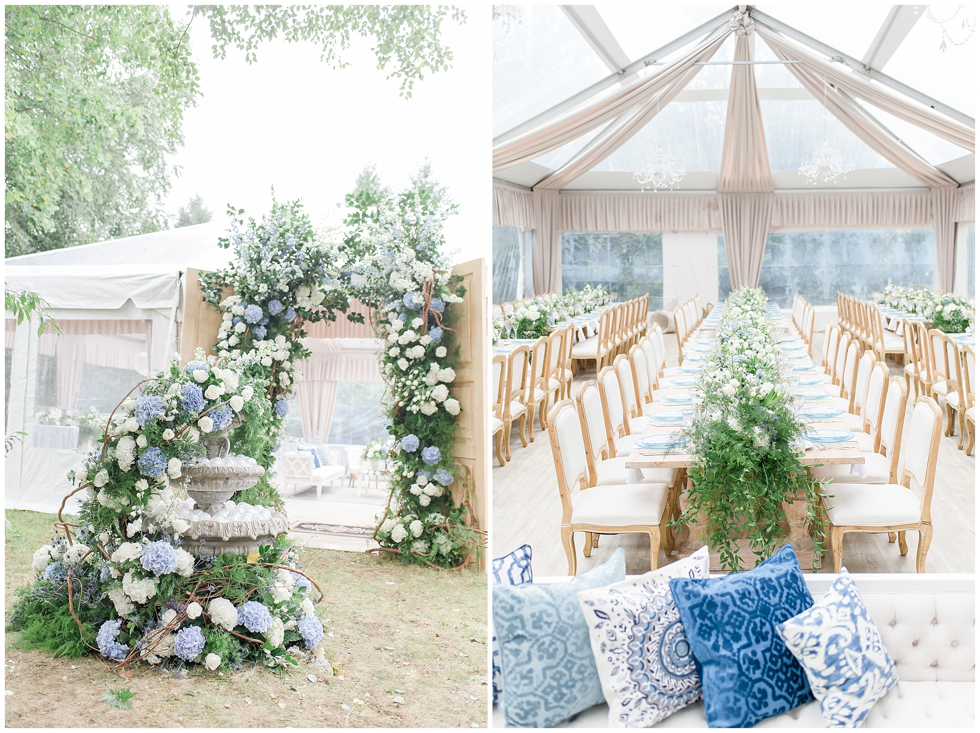 blue and white floral installations