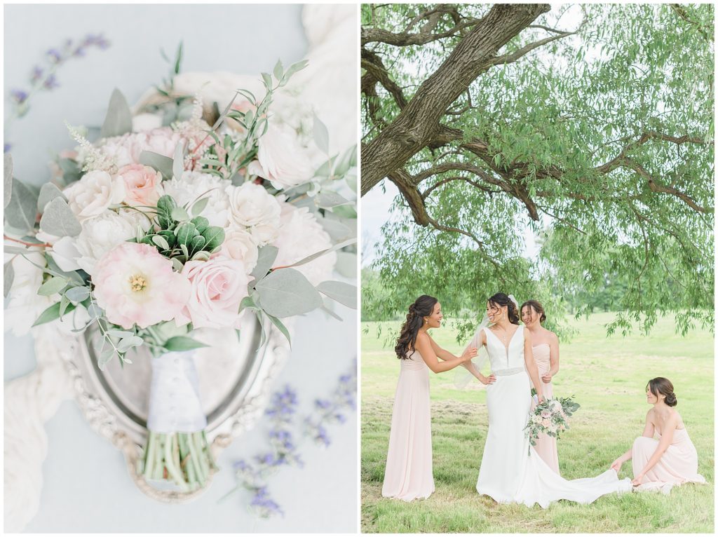 blush bridesmaids and wedding bouquet