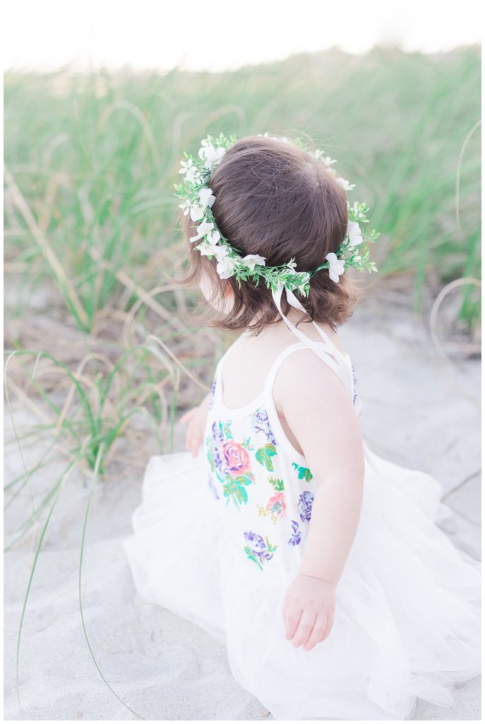 little girl floral crown tulle skirt on the beach