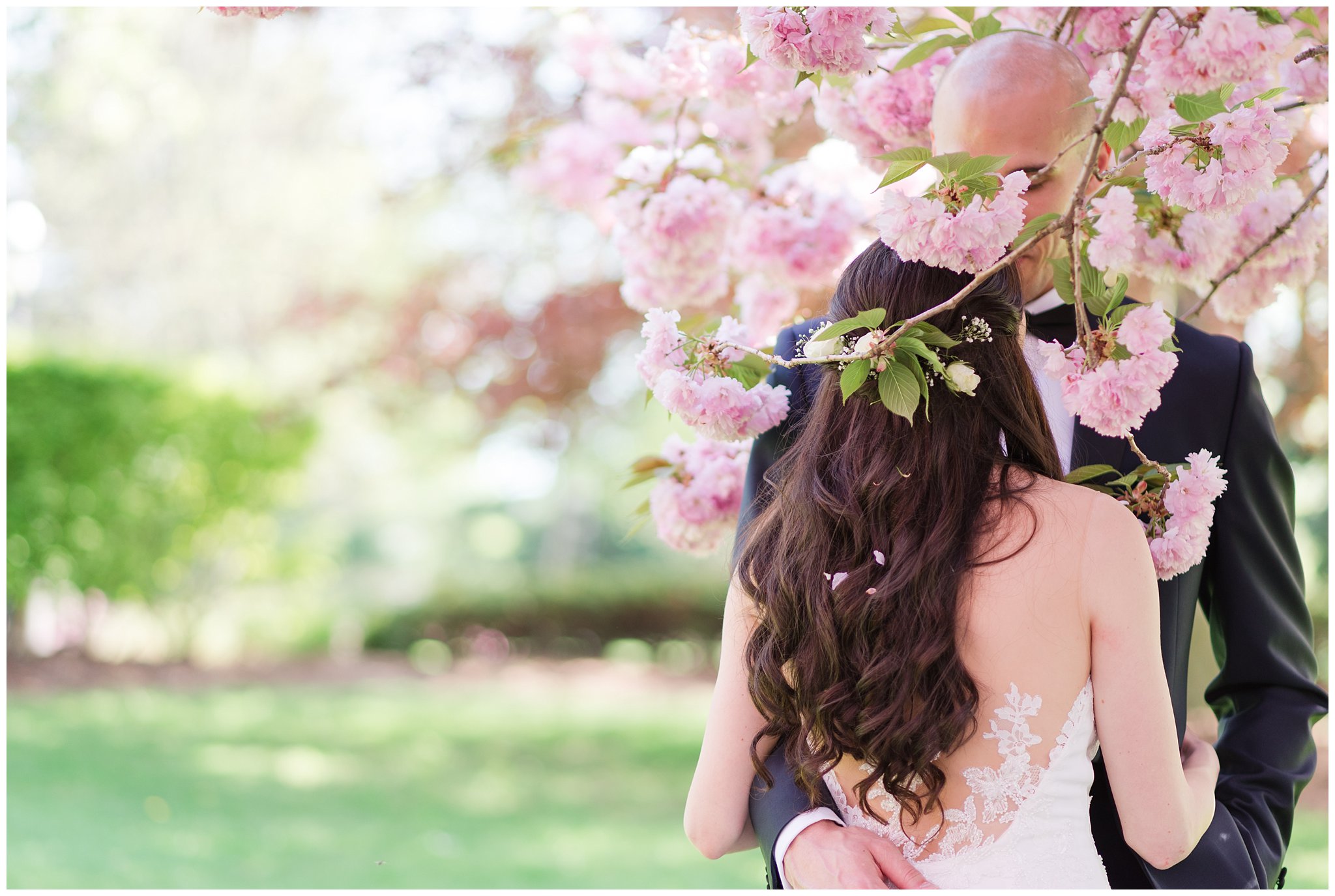 bride and groom in cherry blossoms