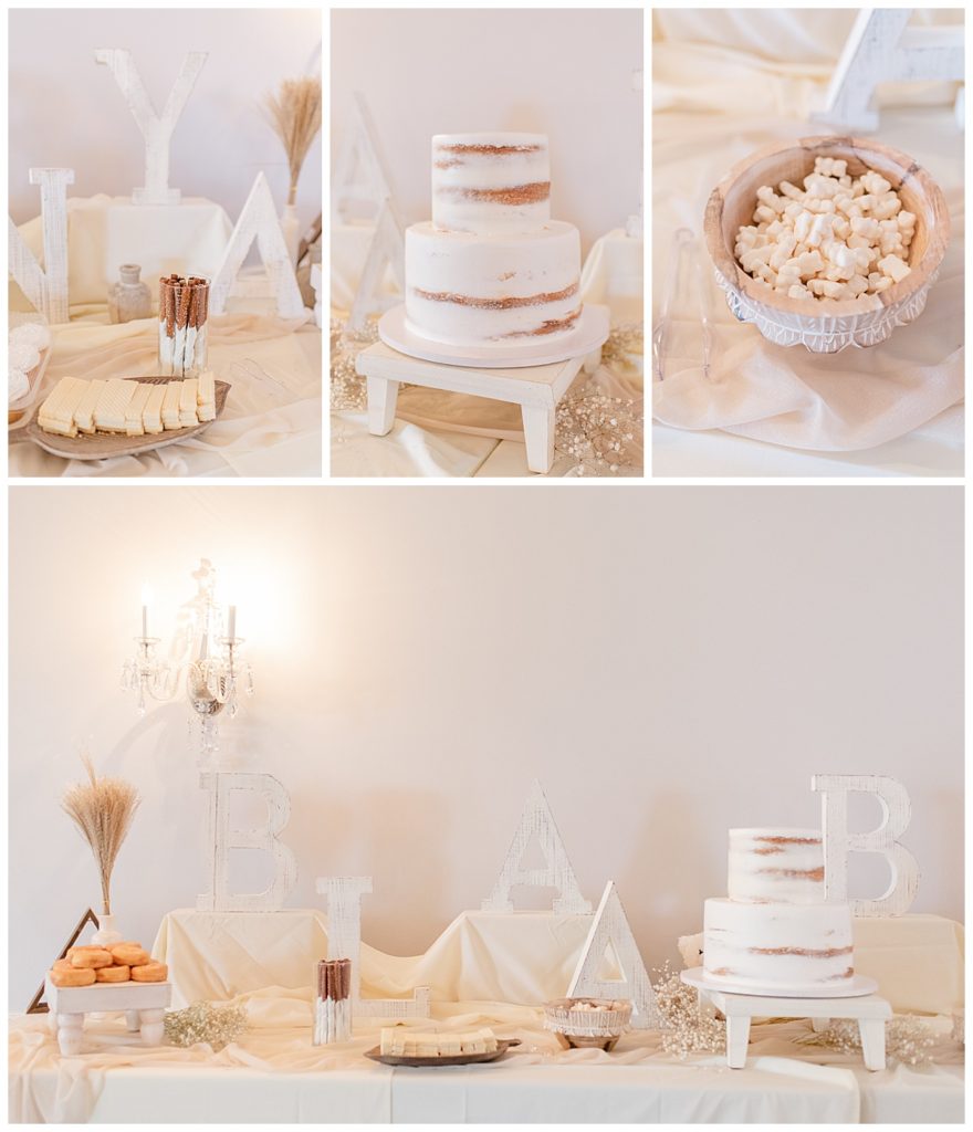 neutral baby shower dessert table