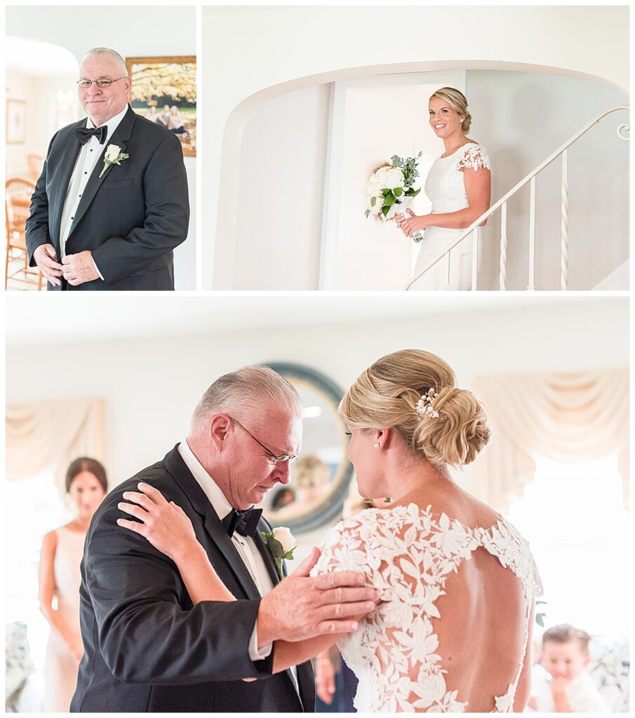 bride sees her dad in wedding dress