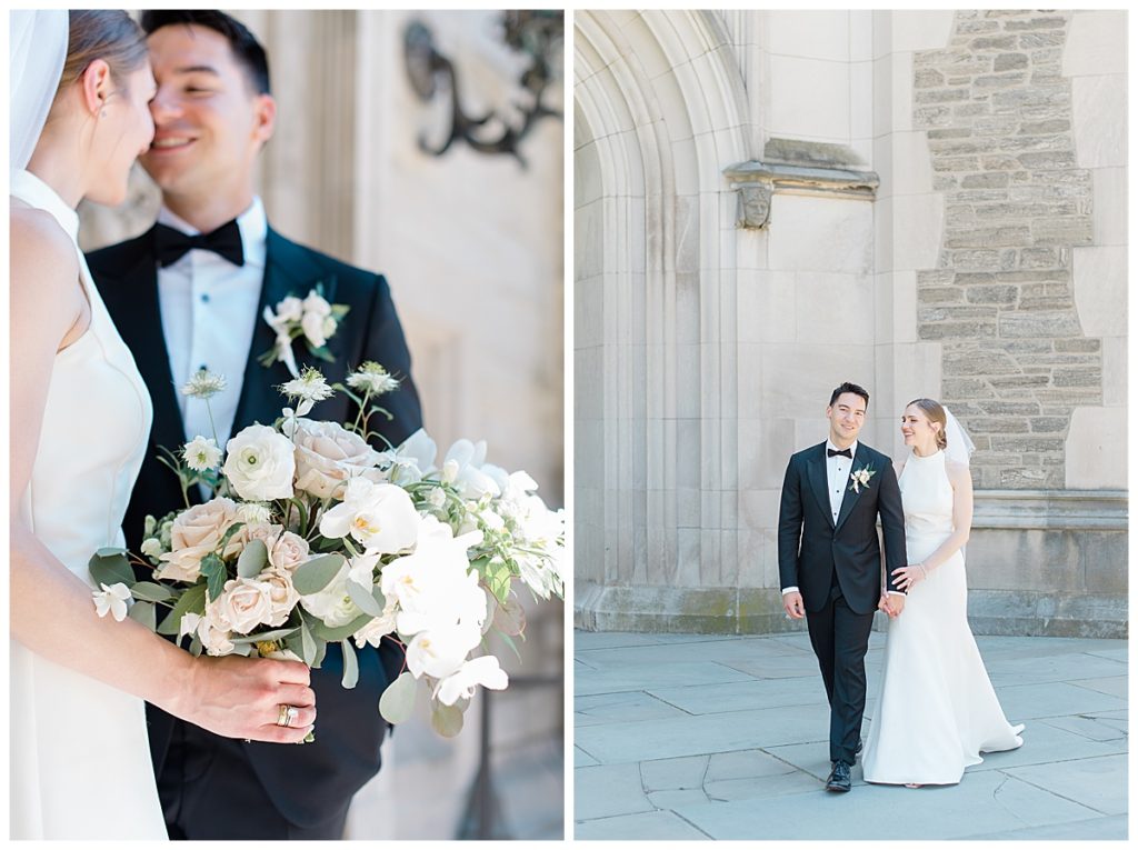 bride and groom on Princeton university campus