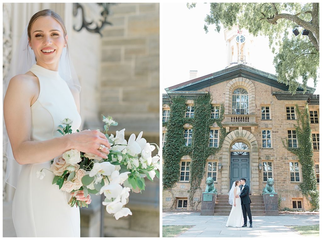 bride and groom in front of nassau hall at Princeton