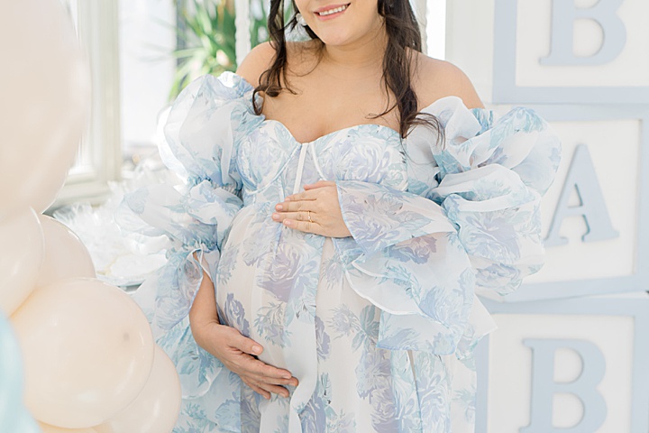 blue and white ruffle maternity dress